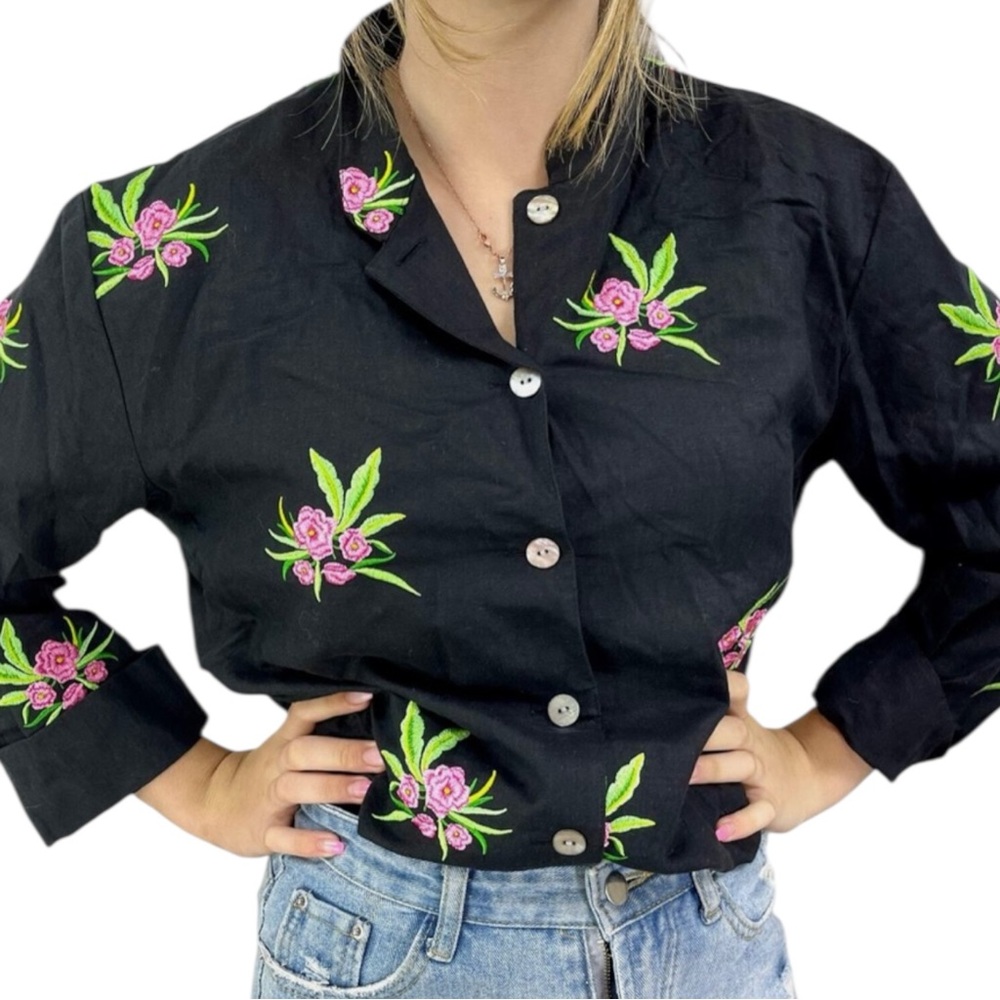 COLDWATER CREEK Linen Blend Floral Button Down Shirt in Black w/ Pink Size Large
